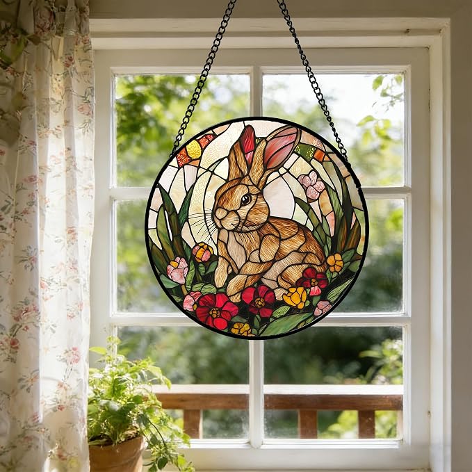 Stained Glass Window Hanging, Cute Bunny Flowers Sun Catcher for Window Door Home Decor, Rabbit Suncatcher Christmas Mother's Day Birthday Gifts for Women Men Mom and Nana 11.8 in