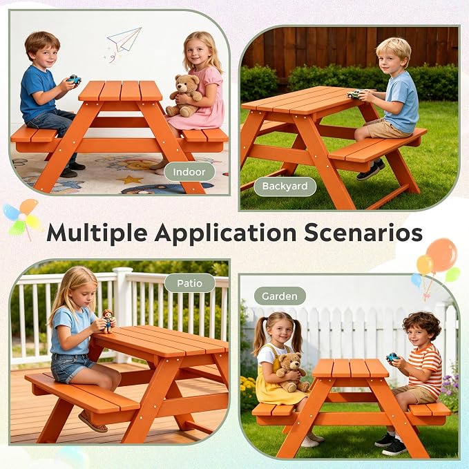 WestinTrends Malibu Outdoor Patio and Indoor Kids HDPE Plastic Picnic Bench Table, Orange