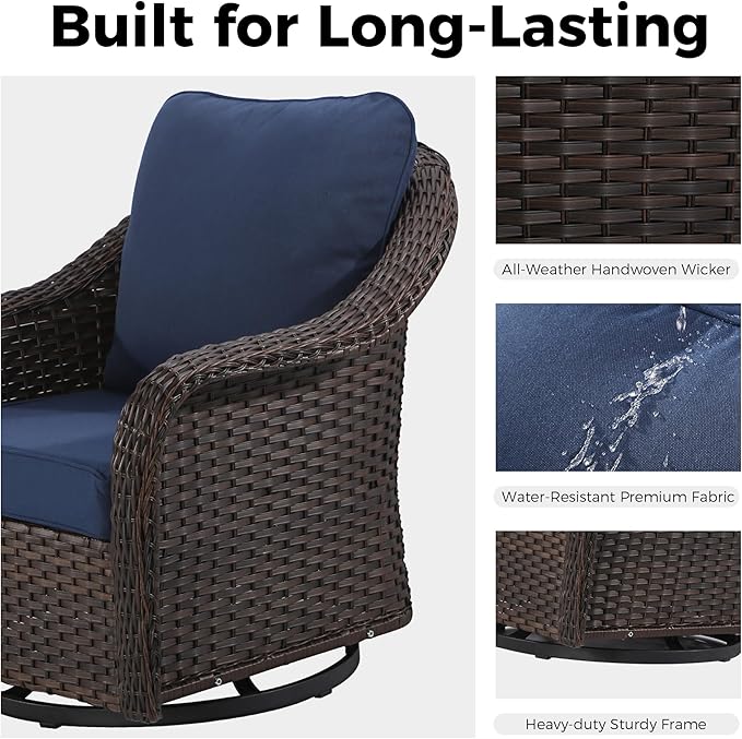 3 Piece Patio Wicker Conversation Set, All-Weather Use Outdoor Wicker Sofa with 2 PE Rattan 360 Swivel Chair, Ideal for Porch, Backyard, Balcony, Poolside, Blue