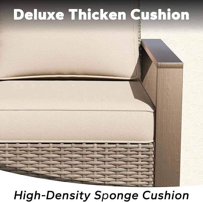 7 Pieces Metal Wicker Patio Furniture Set - 75" Sofa, Four Armchairs and Two Ottomans, All Weather Rattan Outdoor Conversation Furniture with Washable Cushion for Deck Porch, Beige