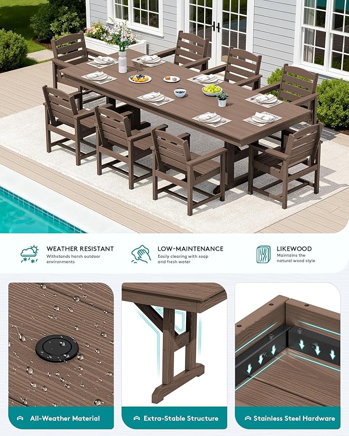 SERWALL 10 Piece Outdoor Dining Set with 15ft Triple-Head Foldable Umbrella(Based not Included), 84" HDPE Outdoor Table and Chairs for 8, Brown