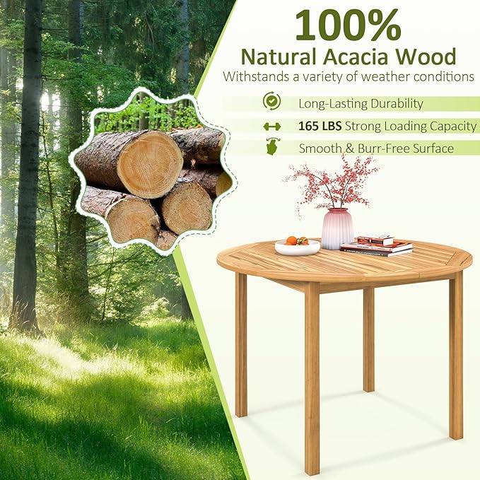 Tangkula 39.5" Round Outdoor Dining Table for 4, Acacia Wood 4-Person Large Patio Dining Table, Farmhouse Indoor Outdoor Dining Furniture for Deck, Garden, Poolside & Backyard