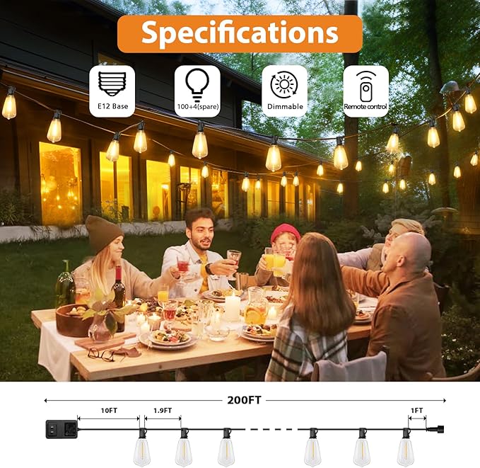 Brightever 200FT Outdoor String Lights with Remote, 2700K/4000K/5000K Selectable LED String Lights for Outside with 100+4 ST38 Edison Bulbs, 3 Modes Dimmable Patio Lights Waterproof for Camping, Deck