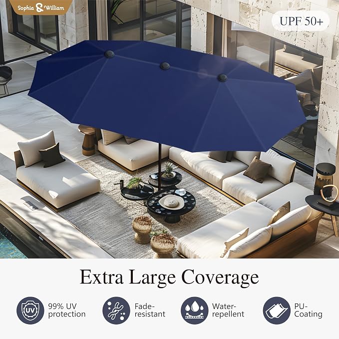 Sophia & William Patio Set with Umbrella 8 Pieces Outdoor Dining Set for 6 with 13ft Double-Sided Umbrella Navy Blue, 6 x Swivel Patio Chairs, 1 Metal Table for Lawn Garden (No Umbrella Base)