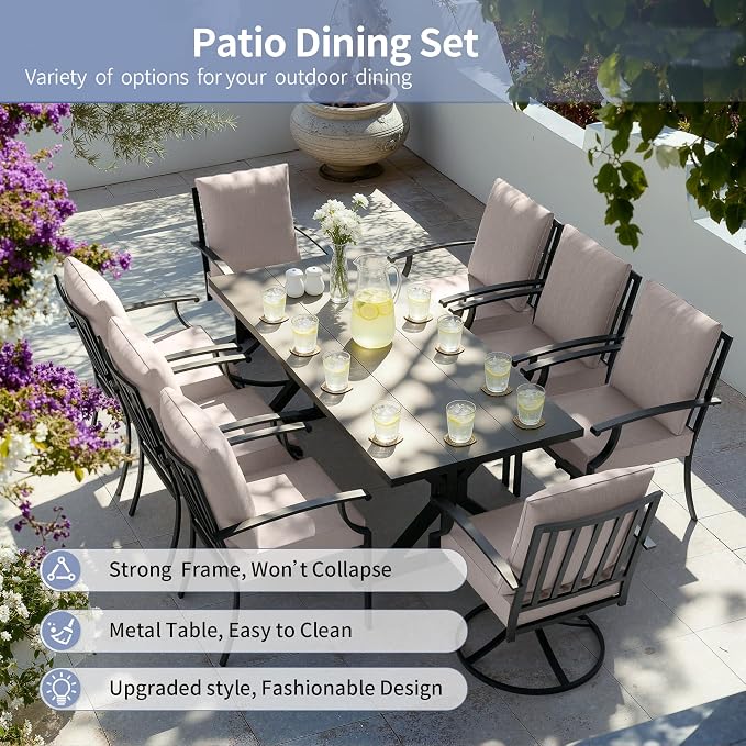 Kullavik 9 Pieces Outdoor Dining Set,Patio Dining Table and Chairs Set for 8,Fence Pattern Back Chairs with Thickened Cushions & X-Frame Metal Dining Table with Umbrella Hole for Patio,Sand