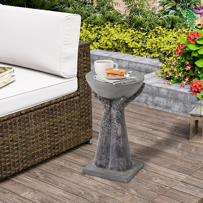 HOMPUS Round End Table Modern Concrete Side Table, Accent Coffee Table with Two Hands Base, Unique Home Décor for Living Room, Bedroom, Balcony or Outdoor