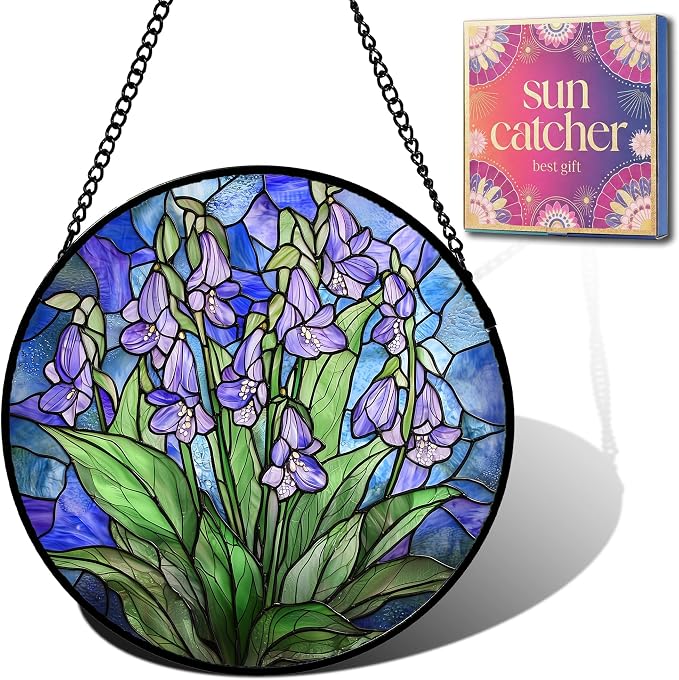Birthday Gifts for Women - Violet Flowers Faux Stained Glass Window Hanging Sun Catcher for Door Garden Acrylic Decor Mother's Day Christmas for Mom Nana Grandma Sisters Wife 7.8"