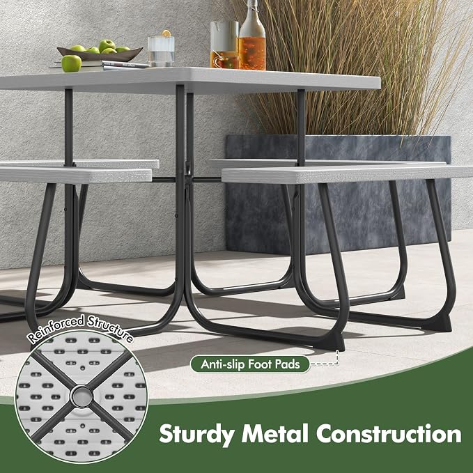 HAPPYGRILL 4-8 Person Square Picnic Table Bench Set with Umbrella Hole, Outdoor Camping Table with HDPE Material and Sturdy Metal Frame for Patio, Garden and Backyard, Gray
