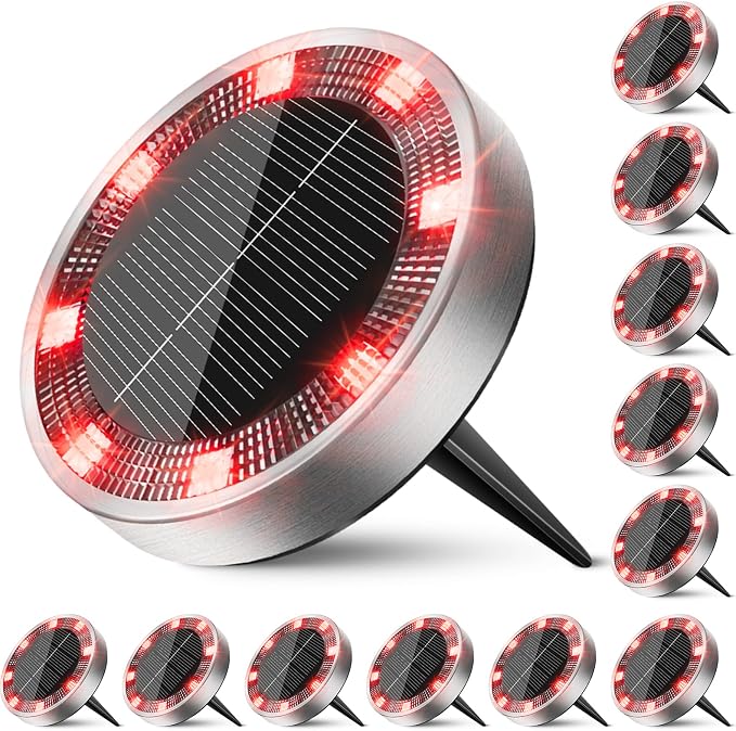 Solar Ground Lights Outdoor, 12 Pack Flat Solar Powered Disc Lights, IP68 Waterproof, Anti-Rust, Landscape Lighting for Pathway Garden Yard Lawn Walkway Landscape Driveway, Red