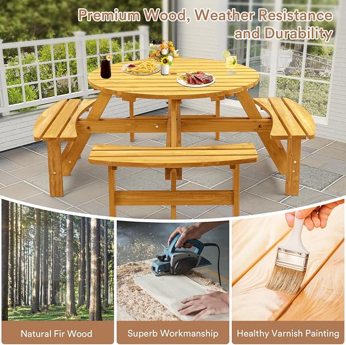 Zevemomo 8 Person Wood Picnic Table, Round Tabletop with Umbrella Hole, 4 Built-in Curved Benches, 2220LBS Total Capacity for Patios, Backyard, Light Wood Color