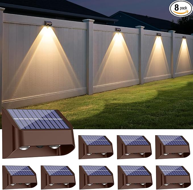 Brighter Solar Fence Lights-3000/4000/6000K 3 Mode,Solar Lights Outdoor Waterproof,Dusk to Dawn Deck Light, Outdoor Lighting for Backyard/Railing/Wall/Step/Patio(8 Pack,Brown)
