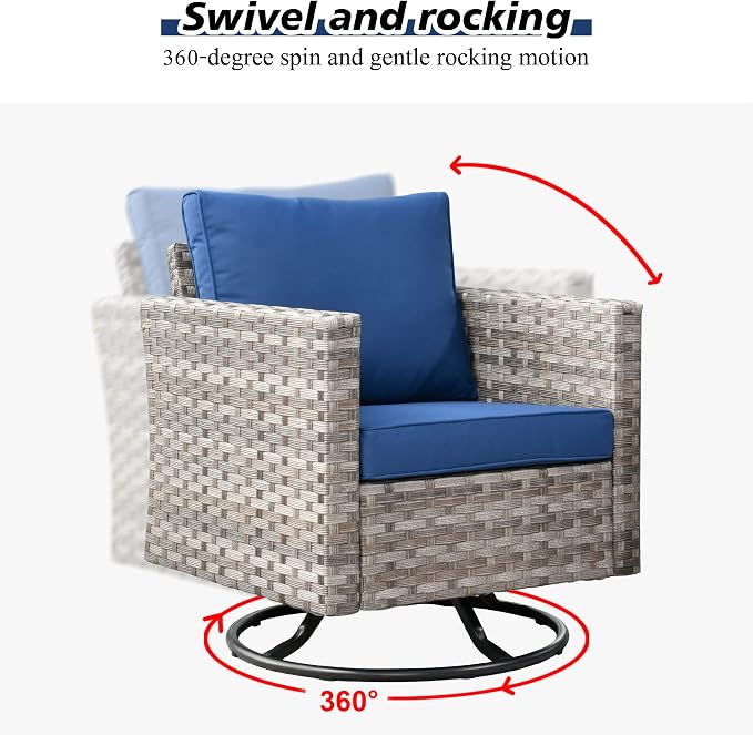HOOOWOOO Outdoor Patio Sectional Furniture Sofa Set with Propane Gas Fire Pit Table,9 Piece Modern Wicker Couch with Swivel Chair,Modular L Shaped Conversation Seating Set with Wide Arm(Navy Blue)