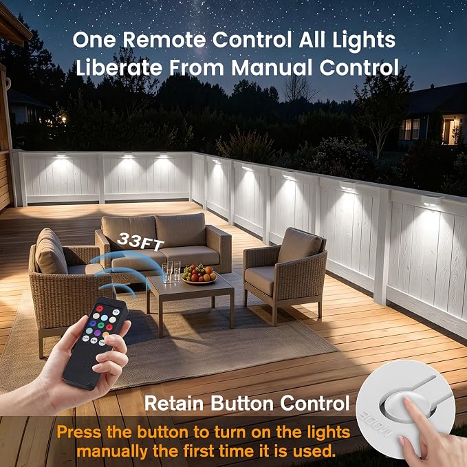Bridika Solar Fence Lights Outdoor with Remote, L-Shaped Design, White 12 | Remote sync all lights, 9 Colors & 3 modes, LED, IP65 waterproof, Dusk to dawn, for fence/deck/patio/stairs/railing/wall