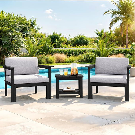 Modular Outdoor Patio Conversation Set, 3-Piece HIPS Chairs with Side Table & Thick Cushions– Side Interlock & Detachable Armrest, All-Weather Patio Furniture Set for Backyard, Deck, Poolside