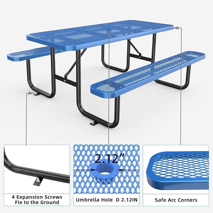 KEIKI 72" Heavy-Duty Metal Picnic Table with Benches, Commercial Outdoor Steel Table with 2.12" Umbrella Hole, 2.5mm Mesh Top, Rust-Resistant Coating, Patio Backyard Park Dining Furniture, Blue