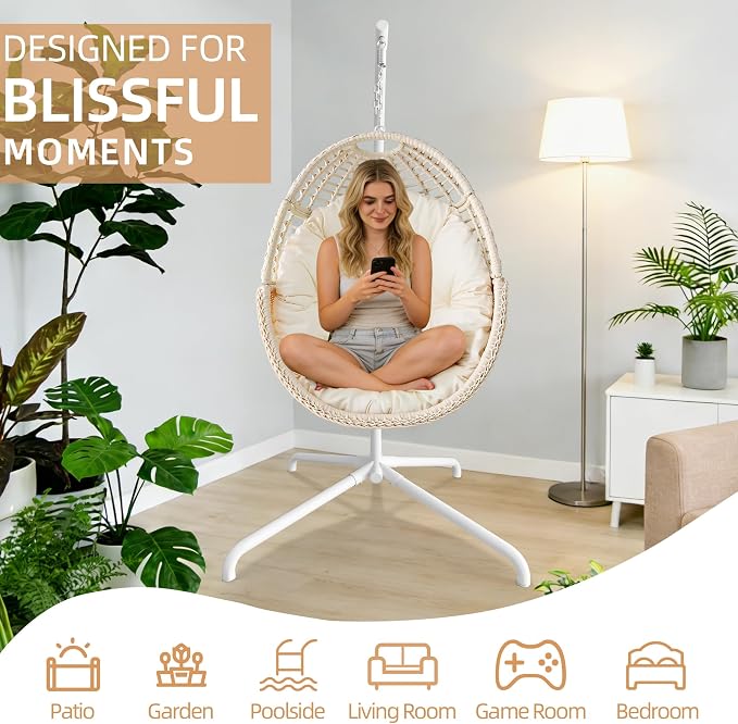Eremi Hanging Egg Chair with Stand, Indoor Outdoor Wicker Rattan Swing Hammock Chair for Patio Porch Bedroom, Beige Cushioned Lounge Chair, 400 LBS Capacity