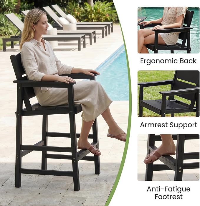 Outdoor Bar Height Table and Chairs Set, 3 Piece HDPE Outdoor High Top Table and Chairs, Reinforced Patio Pub Table with 2 Bar Stools, All Weather Bar Height Patio Set for Deck/Balcony, Black