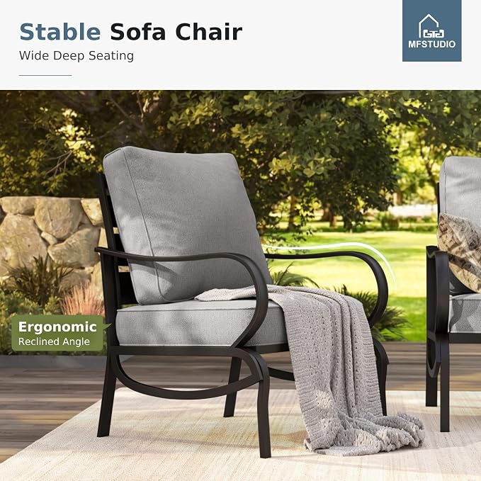 MFSTUDIO 5 Pieces Patio Conversation Sets, 7 Seats Metal Patio Furniture Sets with 1 x 3-Seat Sofa, 2 x Sofa Chairs, 2 x Ottoman, All Weather Steel Patio Sets with 5.75inch Grey Cushion for Garden