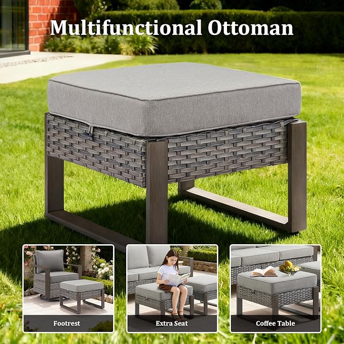 5PCS Swivel Patio Furniture Set, Outdoor Wicker Sofa and Swivel Rocker Chairs, All-Weather Conversation Set for Backyard, Deck and Poolside Grey/Grey