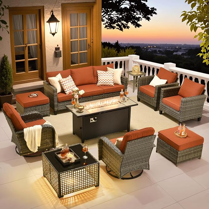 ovios 10 Pieces Patio Furniture Set, Outdoor Wicker Sofa Couch with Swivel Glider Chairs Solar Light Table Fire Pit, Modern Deep Seat Rattan Conversation Sets, Orange Red