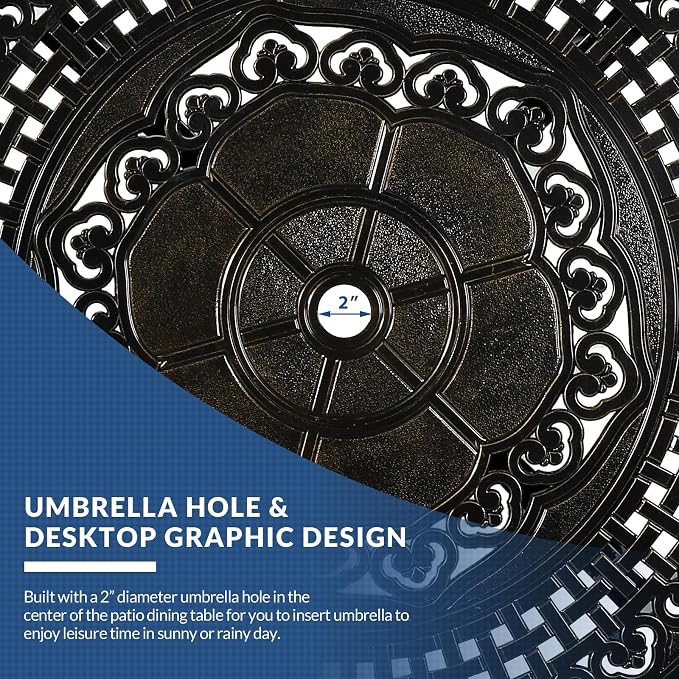 5-Piece Outdoor Patio Dining Set, All-Weather Cast Aluminum Furniture Conversation Set, Include 4 Cushioned Chairs and a 38.5” Round Table with Umbrella Hole for Balcony, Lawn, Navy Blue
