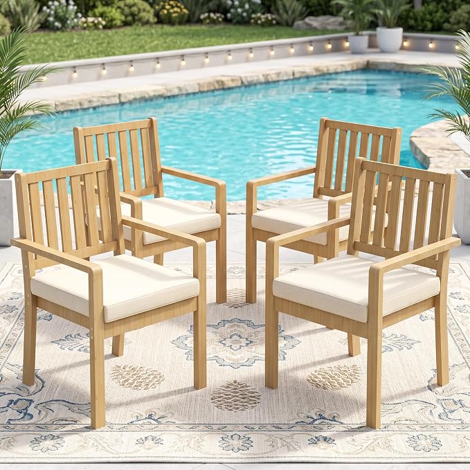 Wisteria Lane Acacia Patio Dining Chairs Set of 4, Outdoor Wood Chairs with Thick Cushions, Modern Patio Seating for Porch, Backyard, Garden, Indoor Use, Beige