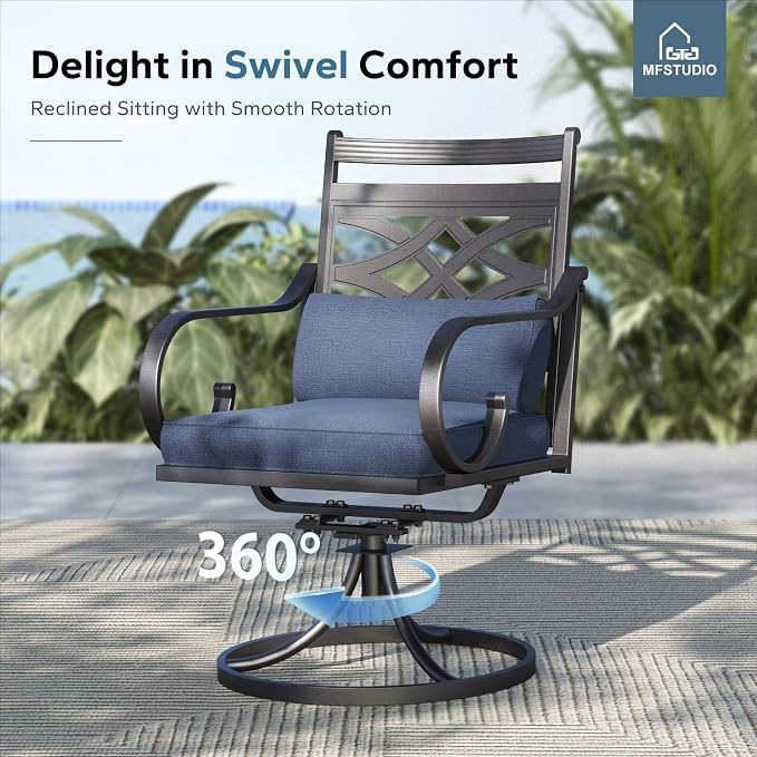 MFSTUDIO 7 PCS, Patio Dining Set, 59"×35", 4 Swivel Chairs, Umbrella Hole | Blue, Steel, Metal, E-coated frame