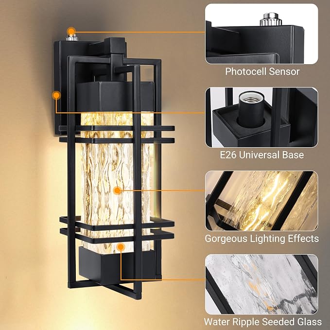 15'' Dusk to Dawn Outdoor Wall Lantern,Front Porch Light, 2Pack, Black | Rustproof Metal Frame, Water Ripple Glass, T30 Bulb Included, E26 Bulb,2700K Warm Light, Patio Light for Front Door