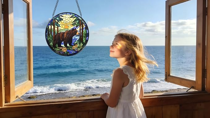 Stained Glass Window Hanging - A Black Bear is Walking in The Forest 6.3 Inches Suncatcher for Garden Home Decor for Women Mom Grandma Friends