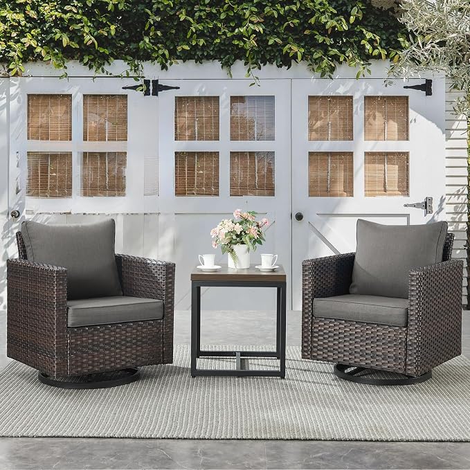 Belord Outdoor Bistro Set 3 Piece Wicker Swivel Rocker Patio Chairs, Oversize Outdoor Rattan Seating Set, Patio Swivel Glider Chairs Wicker Furniture with Metal Side Table for Porch Backyard, Brown