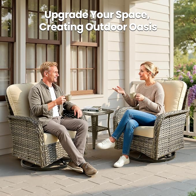 8 Piece Patio Swivel Rocker Chairs Set with Side Table, Beige | High Back Deep Seating, All Weather Wicker, Outdoor Glider Chair Set, Porch Deck Backyard Balcony Furniture