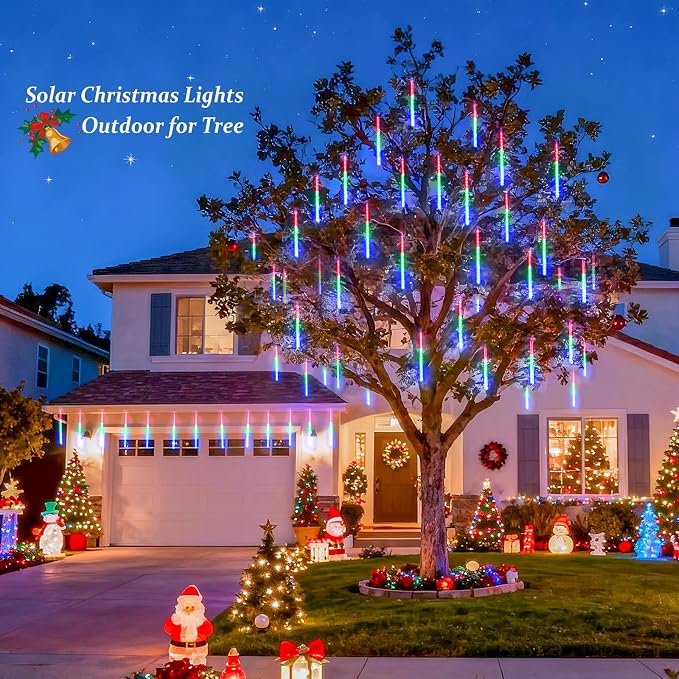 JMEXSUSS Multicolor Solar Meteor Shower Rain Lights, 8 Tube 144 LEDs | Solar Christmas Lights, Led Falling Rain Christmas Light for Xmas Tree Wedding Holiday Party Patio Decoration
