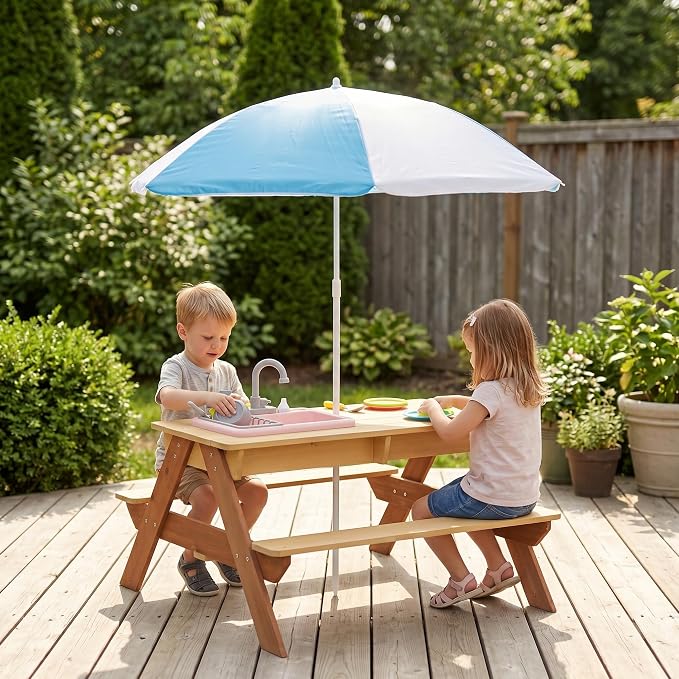 Wooden Kids Picnic Table, 3-in-1 Sand and Water Table with Height Adjustable Umbrella, Activity Table for Outdoor Backyard Patio Play