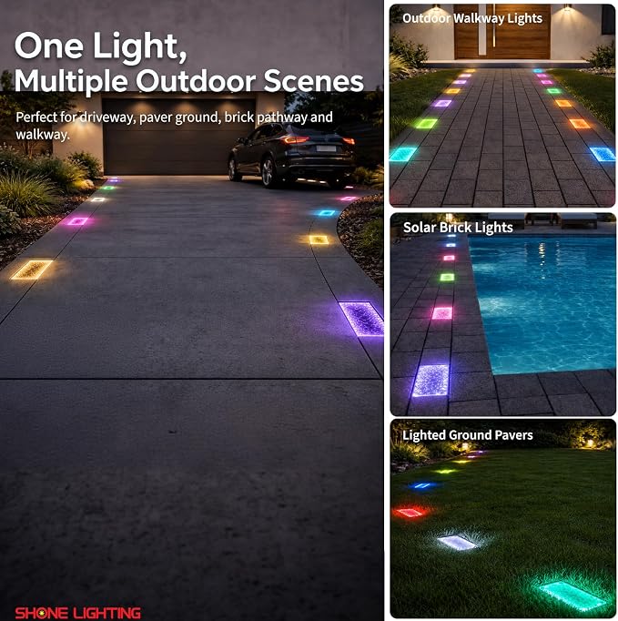 4x8 Solar Ground Lights, 12-Color Paver Light, RGB-W, 2Pack | Outdoor Waterproof, Recessed Lighting Bricks, Color Changing, Driveway, Pathway, Landscape, Heavy Duty, Car Weight Bearing