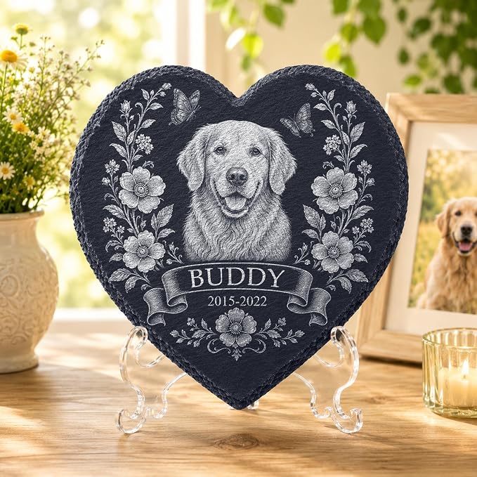 Personalized Pet Memorial Garden Stone for Dogs Cats - Dog Photo Memorial Natural Stone with Garden Stake, Condolences Sympathy Gift for Dog Lovers, Pet Loss Gifts, Waterproof for Indoor & Outdoor