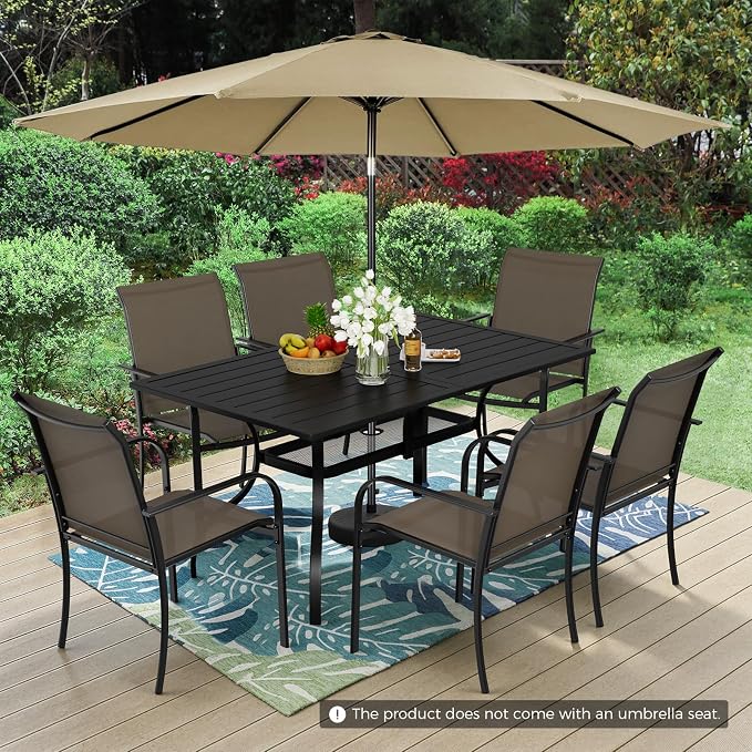 7-Piece Patio Dining Set with Umbrella,6 Person Outdoor Table and Chairs Set, 6 Metal Dining Chairs and Rectangular Outdoor Table with 1.57" Umbrella Hole,Khaki