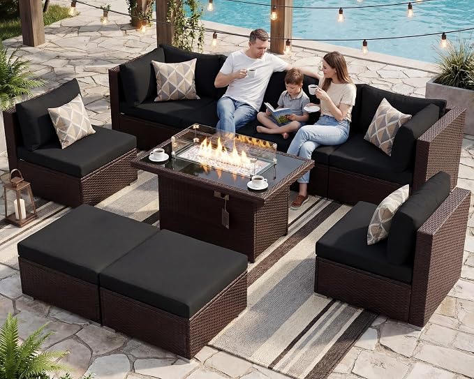 NICESOUL 9 Piece Patio Furniture Set with Fireplace Natural Gas/Propane, 29.3'' High Back Large Wicker Outdoor Sectional Sofa Sets, Deep Seat Sitting Area Backyard, Brown Rattan and Black Cushion