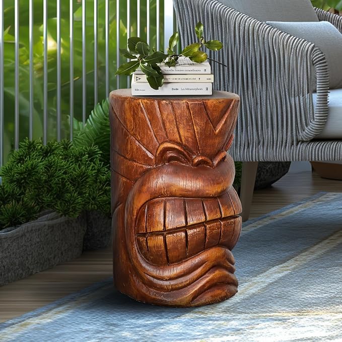 SKYFIRE Tiki Face Faux Wood Stump - The Grand Tiki Face Kanaloa Teeth Indoor Outdoor Side Table Statue for Garden, Patio, Backyard, Lawn, House, Office Decor -19.6" H Concrete Tiki Statue