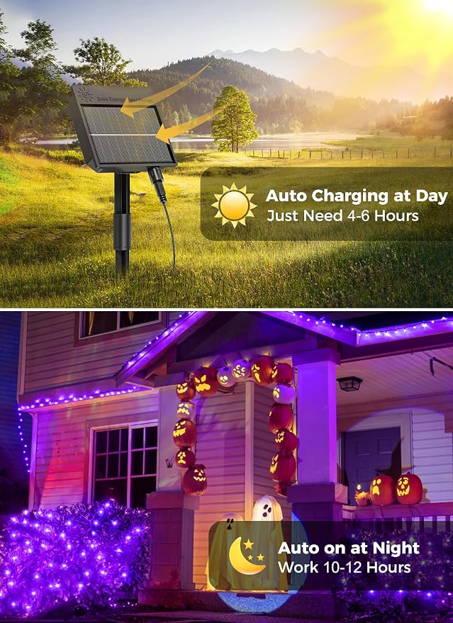 Minetom 2Pack Solar Halloween Lights Outdoor,Total 80FT 200LED String Light | Halloween Decoration Outdoor with 8 Modes, Black Wire, Waterproof Solar String Lights for Outside Tree Yard Party, Purple