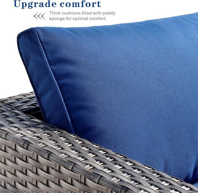 HOOOWOOO Patio Outdoor Sectional Furniture Sofa Set,7 Piece U Shaped Corner Wicker Rattan Couch Set,Rustic 6 Persons Summer Patio Conversation Set for Outside Porch Deck Garden(Navy Blue)