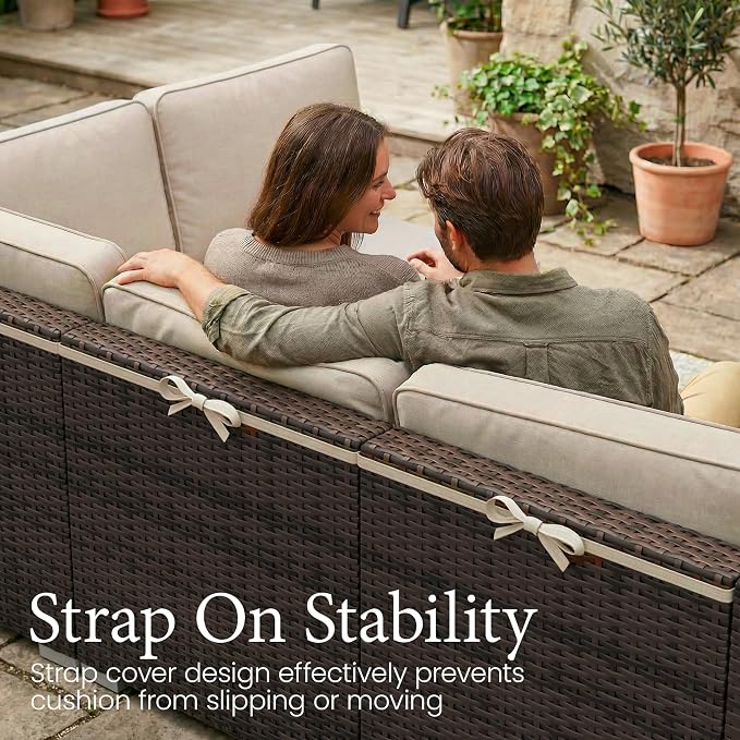 LayinSun 8 Pieces Outdoor Patio Furniture Set with 44" Fire Pit Table Brown Rattan Sectional Sofa Conversation Sets
