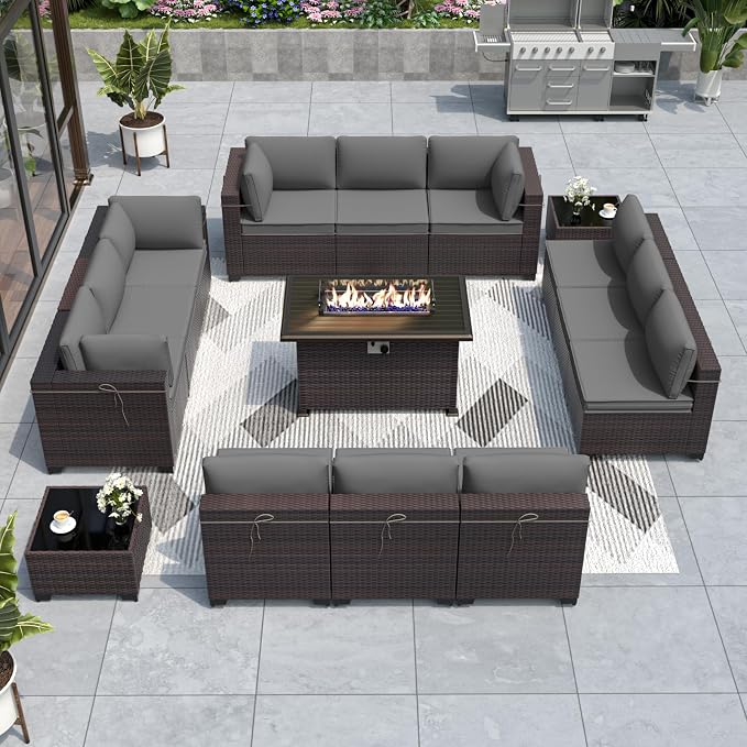 ALAULM Patio Furniture Set with Fire Pit Table 55000 BTU, Outdoor Sectional with Wide Seat and Thick Cushion, 15 Piece Wicker Rattan Conversation Set with Coffee Table for Garden, Deck, Grey