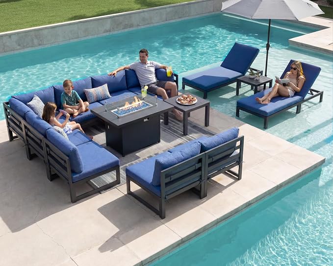 NICESOUL 13 Piece Large Contemporary Aluminum Outdoor Furniture Set with Chaise Lounge & Fire Pit Table, 29" Deep Couch Set, 500 lbs High Weight Capacity Patio Sectional Sofa for Poolside, Navy Blue