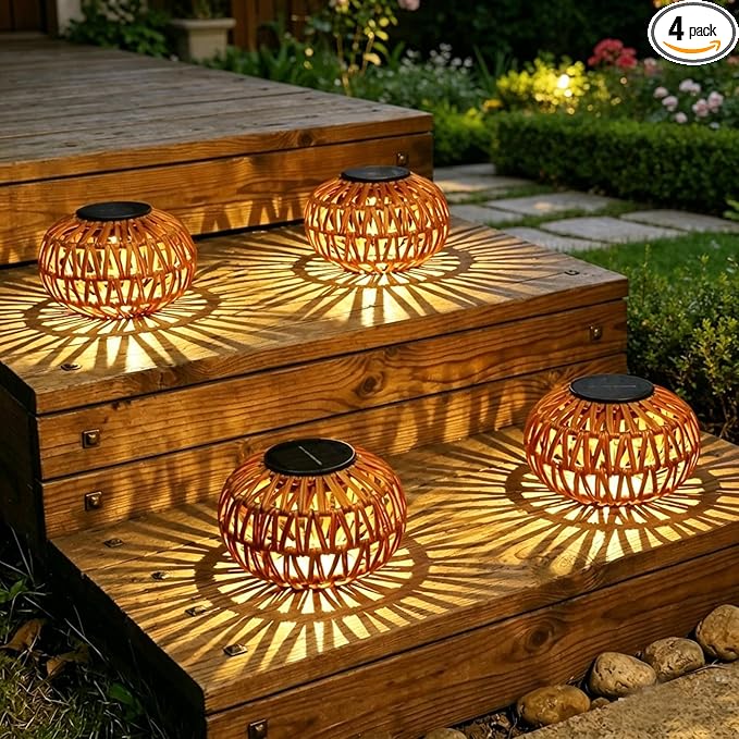 Solar Lights Outdoor Waterproof, 4 Pack Rattan Solar Lantern, Outdoor Solar Lights for Yard, Solar Table Lanterns Decorative, Solar Garden Lights Table Lamp Decor, Outdoor Table Lights Solar Powered