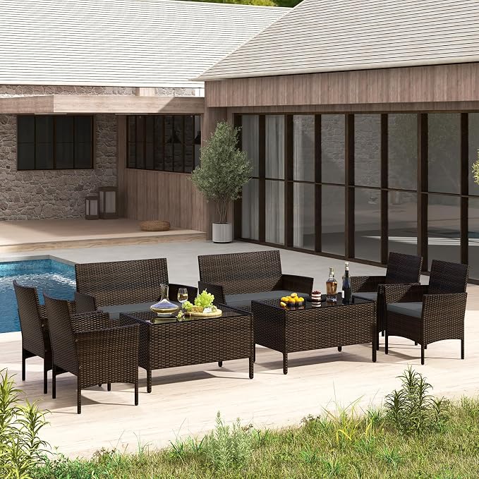 Tangkula 8 Piece Patio Rattan Conversation Set, Outdoor Wicker Furniture Set with Chair, Loveseat & Tempered Glass Table, Cozy Seat Cushions, Outside Sectional Sofa Set for Backyard, Porch (2, Grey)