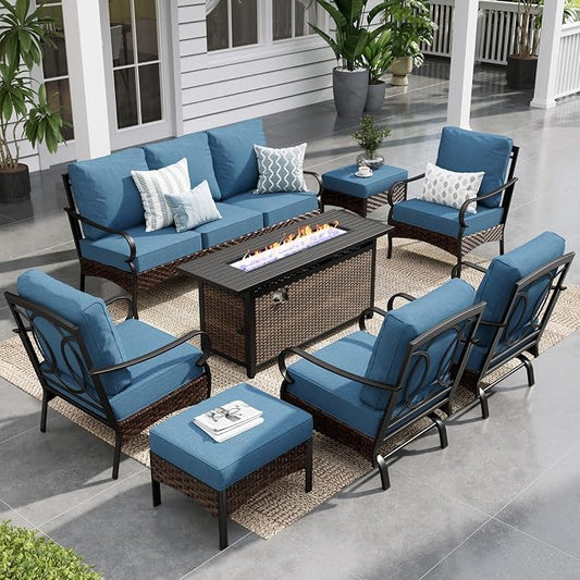 Sophia & William Patio Furniture Set with 56" Fire Pit Table, 9 Seats Metal Frame Outdoor Conversation Sets Wicker Patio Sectional Sofa Set with Ottomans for Porch, Deck, Poolside, Navy