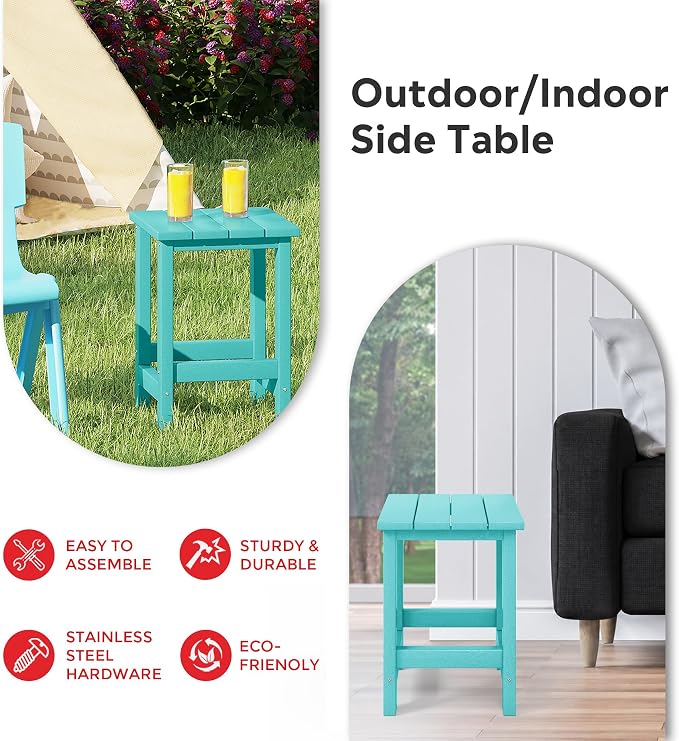 Costaelm Kids Outdoor End Table, Small Patio Table, Outdoor Side Table Porch Table Adirondack Patio Side Table for Outside, Pool, Porch, Garden, Turquoise