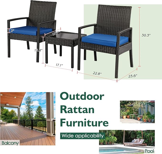 3PCS PE Rattan Patio Conversation Set, Outdoor Patio Furniture Sets | Thick Polyester Cushions, Tempered Coffee Table, Steel Frame Holds 330 LBS for Backyard Lawn Porch Poolside Balcony, Blue