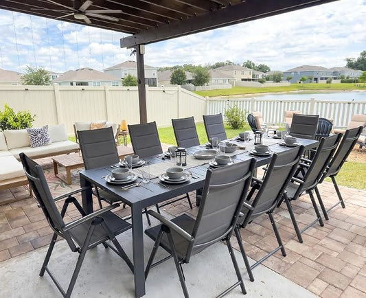 PURPLE LEAF Outdoor Dining Set for 10 Folding Patio Dining Set with Aluminum Rectangular Table and Padded Chairs All Weather Dining Table Sets for Garden Backyard Poolside, Grey