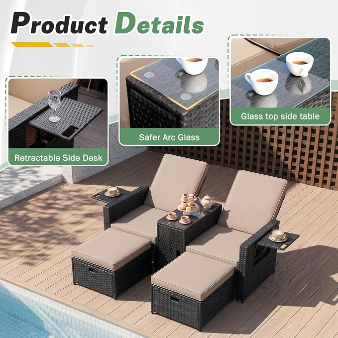 LVUYOYO 5 Piece Patio Furniture Set, Patio Wicker Conversation Set with Ottoman, Outdoor Chaise Lounge Chair with Side Table & Adjustable Backrest for Pool Backyard Garden (Black Wicker Khaki Cushion)